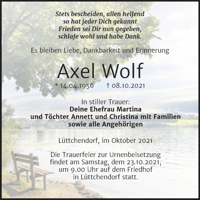  Traueranzeige für Axel Wolf vom 13.10.2021 aus Trauerkombi Mansfelder Land
