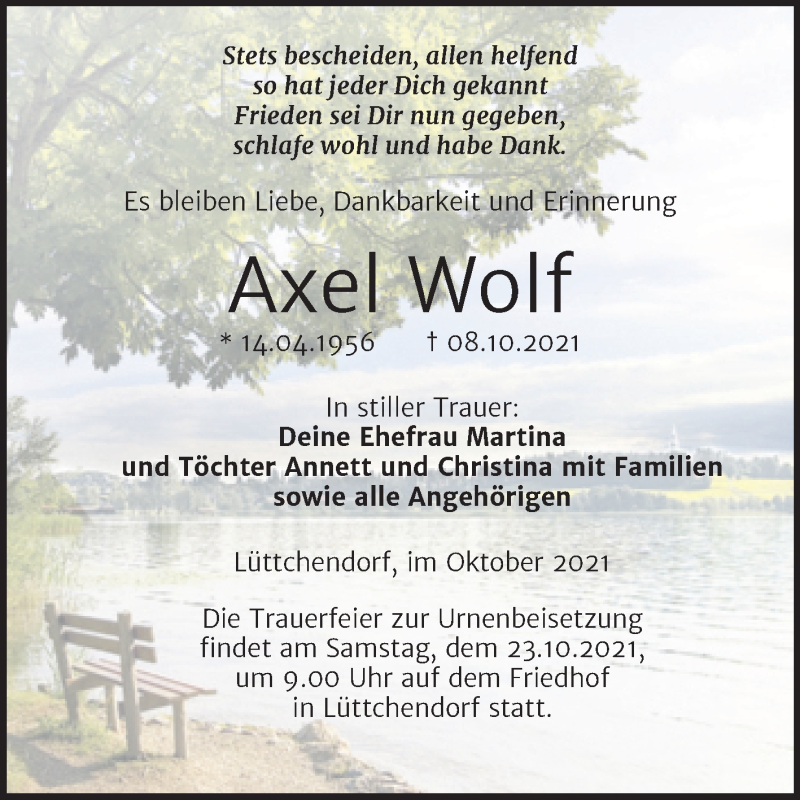  Traueranzeige für Axel Wolf vom 16.10.2021 aus Trauerkombi Mansfelder Land