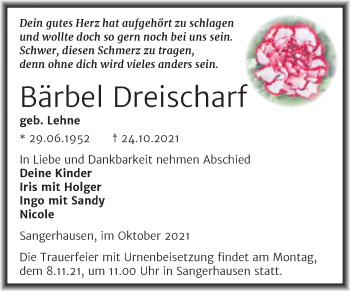 Traueranzeige von Bärbel Dreischarf von Trauerkombi Sangerhausen