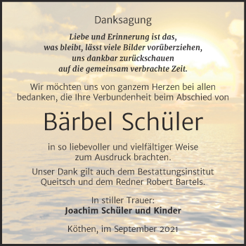 Traueranzeige von Bärbel Schüler von Trauerkombi Köthen