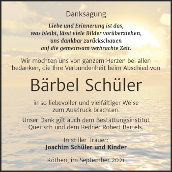 Traueranzeige von Bärbel Schüler von Trauerkombi Köthen