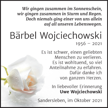 Traueranzeige von Bärbel Wojciechowski von Trauerkombi Mansfelder Land
