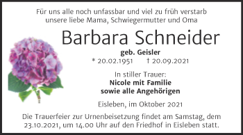 Traueranzeige von Barbara Schneider von Trauerkombi Mansfelder Land