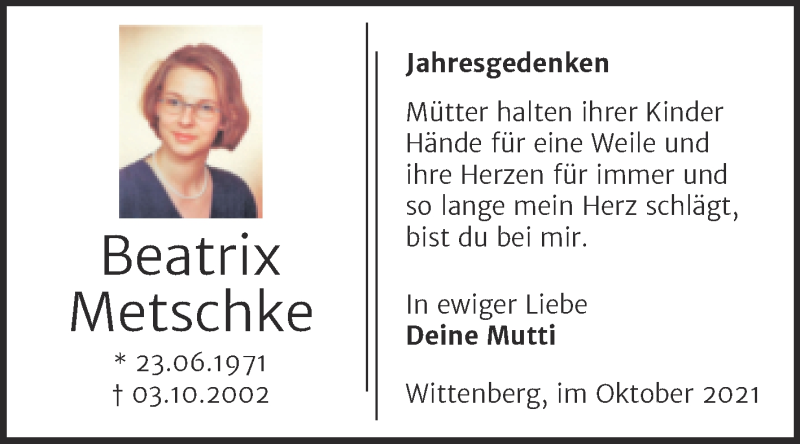  Traueranzeige für Beatrix Metschke vom 02.10.2021 aus Trauerkombi Wittenberg