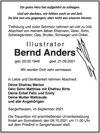 Traueranzeige von Bernd Anders von Trauerkombi Sangerhausen