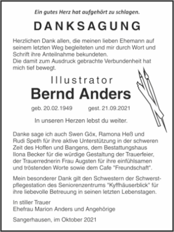Traueranzeige von Bernd Anders von Trauerkombi Sangerhausen