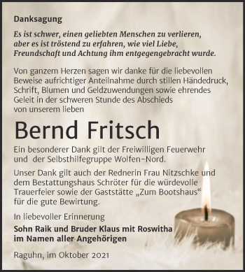 Traueranzeige von Bernd Fritsch von Trauerkombi Bitterfeld