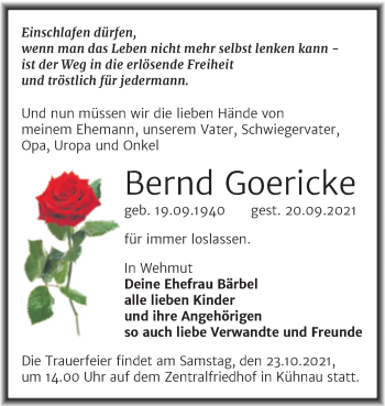 Traueranzeige von Bernd Goericke von Trauerkombi Dessau