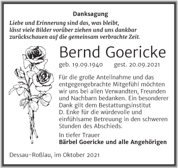 Traueranzeige von Bernd Goericke von Trauerkombi Dessau