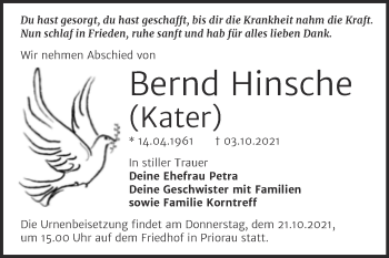 Traueranzeige von Bernd Hinsche von Trauerkombi Bitterfeld