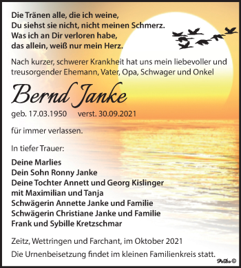 Traueranzeige von Bernd Janke von Trauerkombi Zeitz