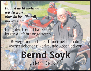 Traueranzeige von Bernd Soyk von Trauerkombi Aschersleben
