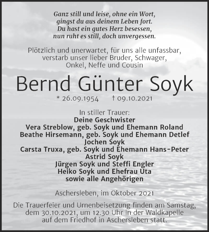  Traueranzeige für Bernd Günter Soyk vom 23.10.2021 aus Trauerkombi Aschersleben
