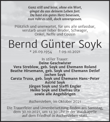 Traueranzeige von Bernd Günter Soyk von Trauerkombi Aschersleben