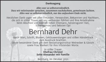 Traueranzeige von Bernhard Dehr von Trauerkombi Bernburg