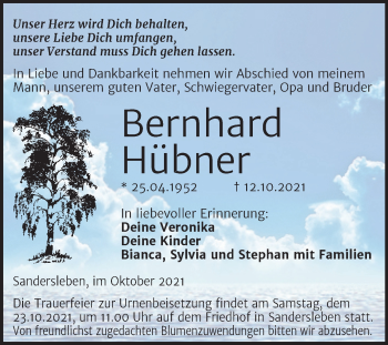 Traueranzeige von Bernhard Hübner von Trauerkombi Mansfelder Land