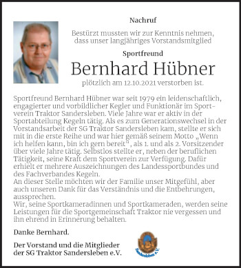 Traueranzeige von Bernhard Hübner von Trauerkombi Mansfelder Land