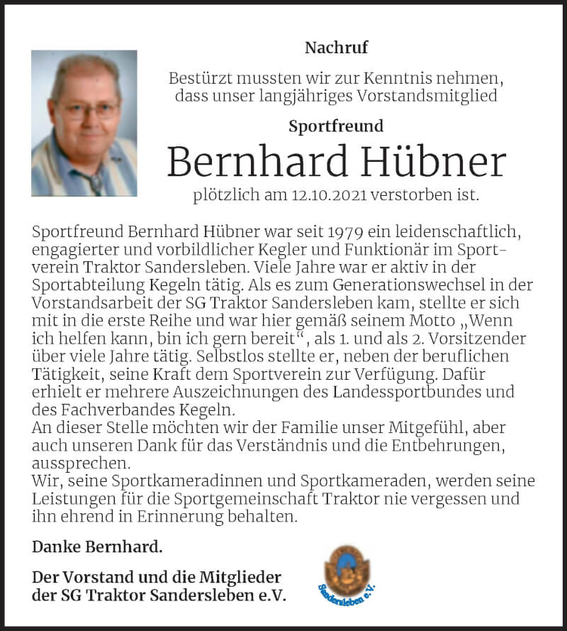  Traueranzeige für Bernhard Hübner vom 23.10.2021 aus Trauerkombi Mansfelder Land