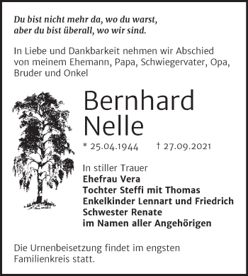 Traueranzeige von Bernhard Nelle von Trauerkombi Wittenberg