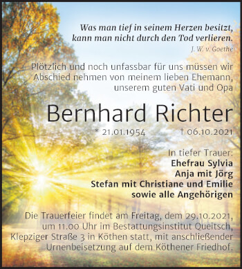 Traueranzeige von Bernhard Richter von Trauerkombi Köthen