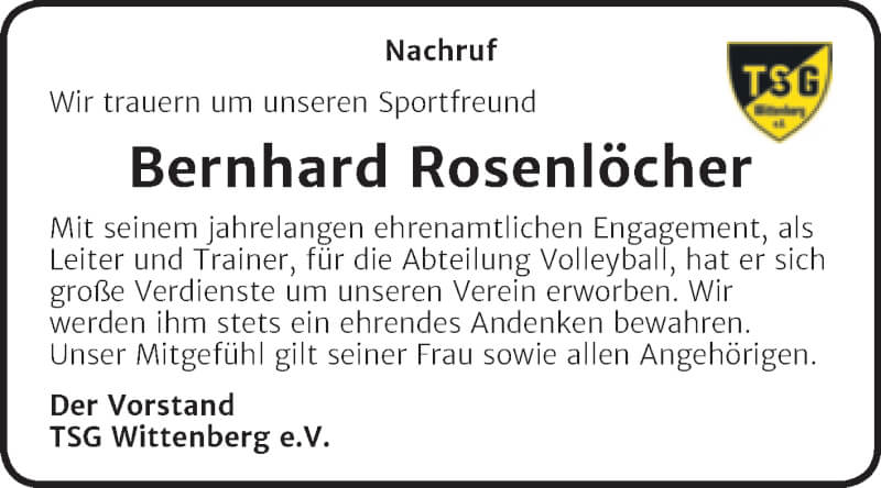  Traueranzeige für Bernhard Rosenlöcher vom 23.10.2021 aus Super Sonntag Wittenberg