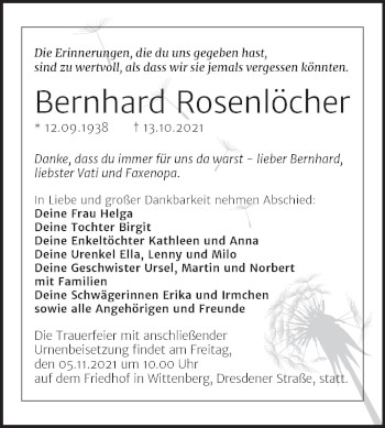 Traueranzeige von Bernhard Rosenlöcher von Trauerkombi Wittenberg