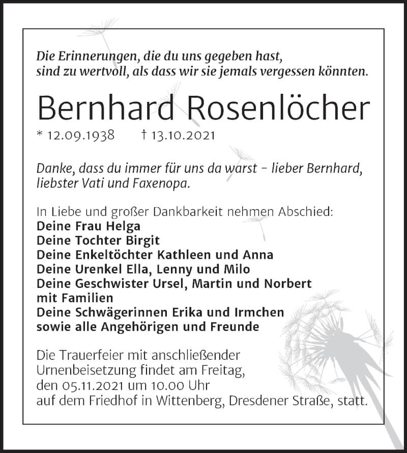  Traueranzeige für Bernhard Rosenlöcher vom 23.10.2021 aus Trauerkombi Wittenberg