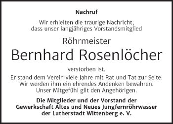 Traueranzeige von Bernhard Rosenlöcher von Mitteldeutsche Zeitung