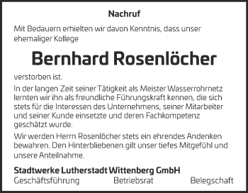 Traueranzeige von Bernhard Rosenlöcher von Mitteldeutsche Zeitung