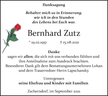 Traueranzeige von Bernhard Zutz von Trauerkombi Bitterfeld