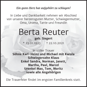 Traueranzeige von Berta Reuter von Trauerkombi Bernburg