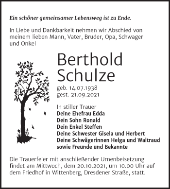 Traueranzeige von Berthold Schulze von Trauerkombi Wittenberg