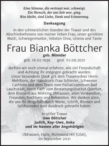 Traueranzeige von Bianka Böttcher von Trauerkombi Merseburg