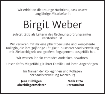 Traueranzeige von Birgit Weber von Mitteldeutsche Zeitung Merseburg/Querfurt