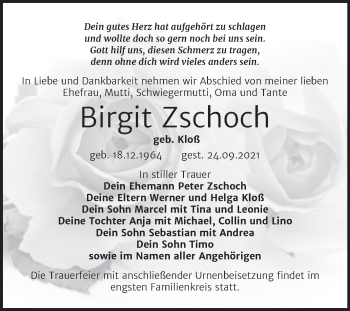 Traueranzeige von Birgit Zschoch von Trauerkombi Wittenberg