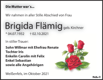Traueranzeige von Brigida Flämig von Trauerkombi Weißenfels