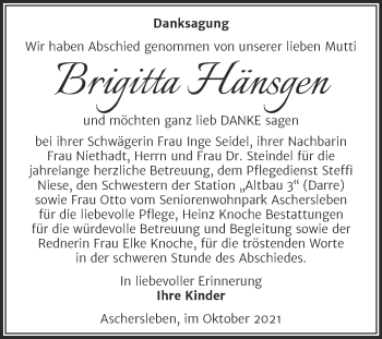 Traueranzeige von Brigitta Hänsgen von Mitteldeutsche Zeitung Aschersleben