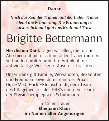 Traueranzeige von Brigitte Bettermann von Trauerkombi Wittenberg