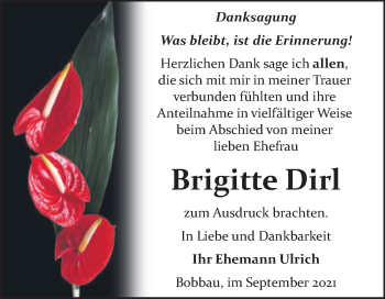 Traueranzeige von Brigitte Dirl von Trauerkombi Bitterfeld