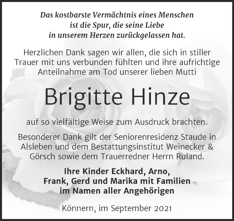  Traueranzeige für Brigitte Hinze vom 02.10.2021 aus Trauerkombi Bernburg