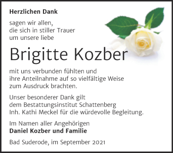 Traueranzeige von Brigitte Kozber von Trauerkombi Quedlinburg