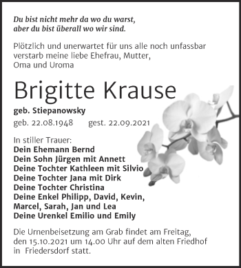 Traueranzeige von Brigitte Krause von Trauerkombi Bitterfeld