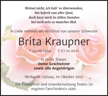 Traueranzeige von Brita Kraupner von Trauerkombi Köthen