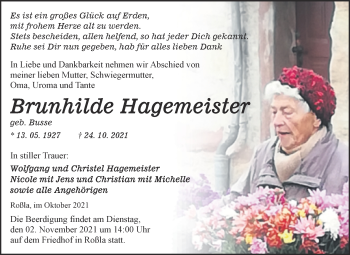 Traueranzeige von Brunhilde Hagemeister von Mitteldeutsche Zeitung Sangerhausen