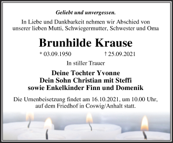 Traueranzeige von Brunhilde Krause von Trauerkombi Wittenberg