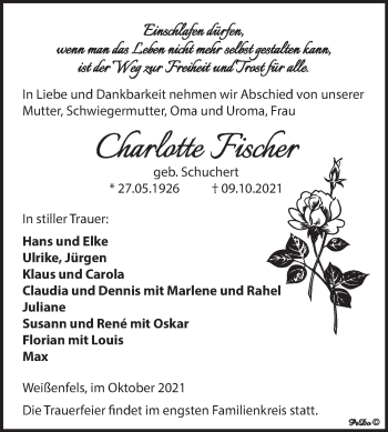 Traueranzeige von Charlotte Fischer von Trauerkombi Weißenfels