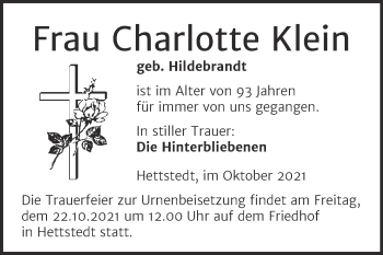 Traueranzeige von Charlotte Klein von Trauerkombi Mansfelder Land