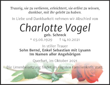 Traueranzeige von Charlotte Vogel von Trauerkombi Merseburg