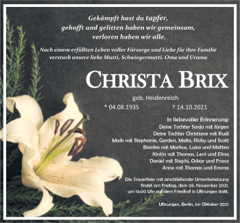 Traueranzeige von Christa Brix von Trauerkombi Sangerhausen