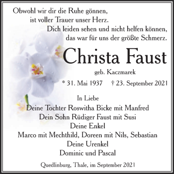 Traueranzeige von Christa Faust von Trauerkombi Quedlinburg